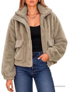 Womens Faux Fur Cropped Zip Up Jacket Warm Fluffy Winter Coat